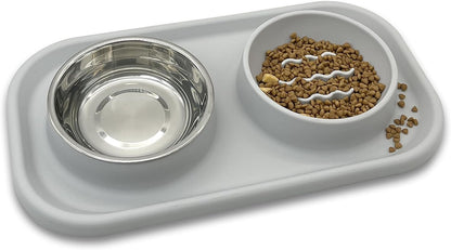 BNOSDM Slow Feeder Dog Cat Bowls, Stainless Steel with Silicone Mat Dog Food and Water Bowls Set, Pet Feeding Dish to Slow Down Eating for Cats and Small Dogs Puppy, Grey
