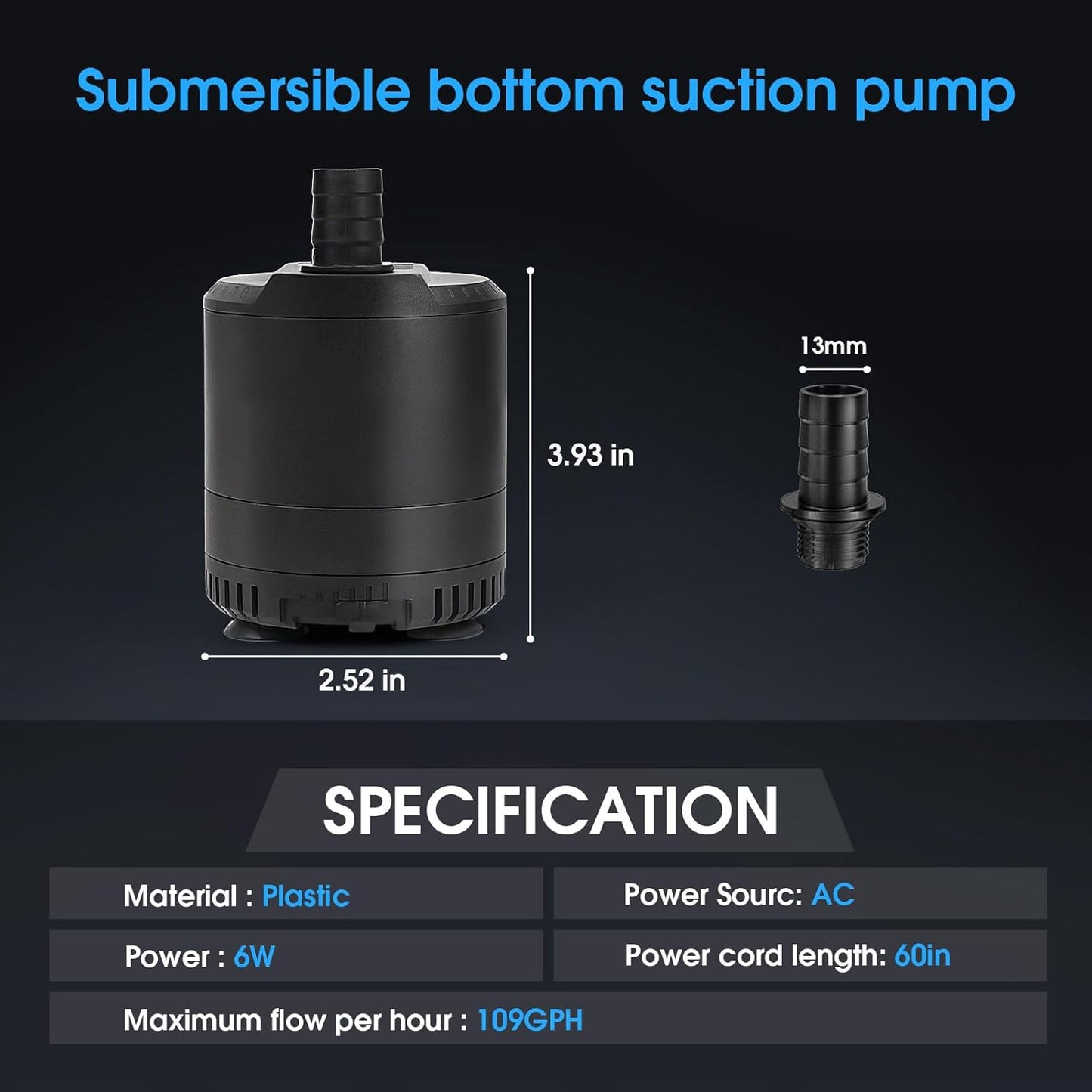Aquarium submersible pump 109-724GPH, aquarium water pump, Adjustable water flow, Quiet operation,1 Nozzle,Suitable for fish tanks, ponds, aquariums, statues, hydroponic greens.