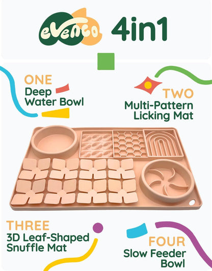 Slow Feeder Bowl Bundle: Creamy Peach 4in1 Licking mat (15.75" x 10.5" x 1.2") + Light Blue Starry Sky Feeder (4.3" x 2.9"), Silicone Lick mat with Suction Cups for Slow Eating and Keep Busy