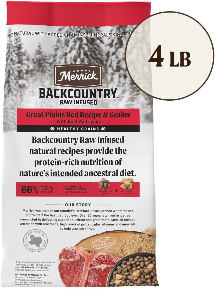 Merrick Backcountry Healthy Grains Kibble With Freeze Dried Raw Pieces, Great Plains Red Meat Recipe Dog Food - 4.0 lb. Bag
