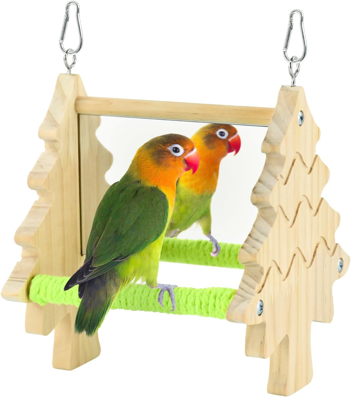Parakeets Pine Perch Toy Wooden Swing with Acrylic Mirror for Cockatiels, Budgies, Conures, and Small Parrots Bird Cage Accessories for Chewing and Exercise (Tree)