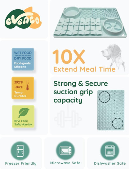 Slow Feeder Bowl Bundle: Mint Green 4in1 Licking mat (15.75" x 10.5" x 1.2") + Light Blue Starry Sky Feeder (4.3" x 2.9"), Silicone Lick mat with Suction Cups for Slow Eating and Keep Busy