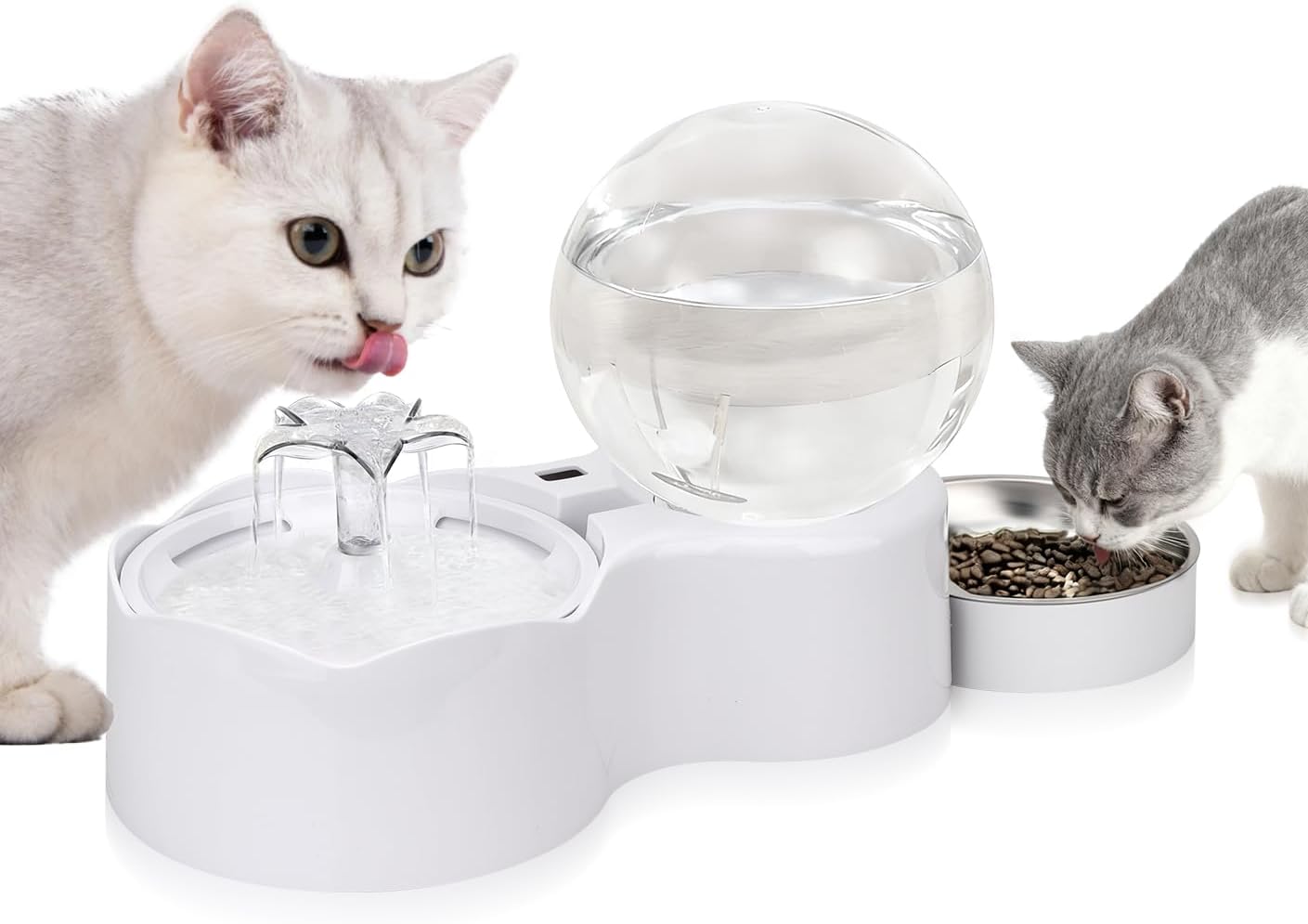 Cat Water Fountain with Food Bowl - Pet Fountain 2 in 1 Set, Automatic Pet Water Dispenser with 3 Drinking Modes, Cat Food and Water Dispenser Set for Cats and Small Dogs
