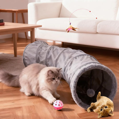 Pet Cat Tunnel Tube Toy Kit, 2 Way Grey Plush Collapsible Long Tunnels for Multi Cats Play, Interactive Maze Hideout for Puppy, Kitty, Kitten, Rabbit with Ball and Wand Toys