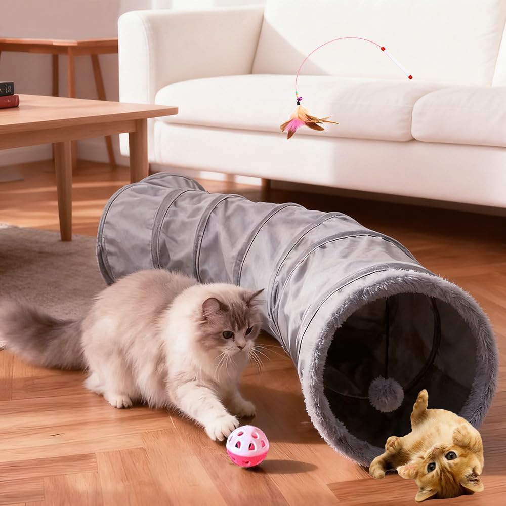 Pet Cat Tunnel Tube Toy Kit, 2 Way Grey Plush Collapsible Long Tunnels for Multi Cats Play, Interactive Maze Hideout for Puppy, Kitty, Kitten, Rabbit with Ball and Wand Toys