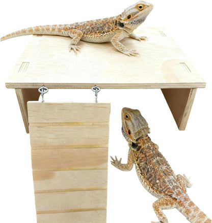 Bearded Dragon Tank Accessories, Assembled Wooden Hideout with Basking Platform and Ramp, Reptile Habitat Accessories for Bearded Dragon, Gecko, Snake, Skink and Other Small Animals