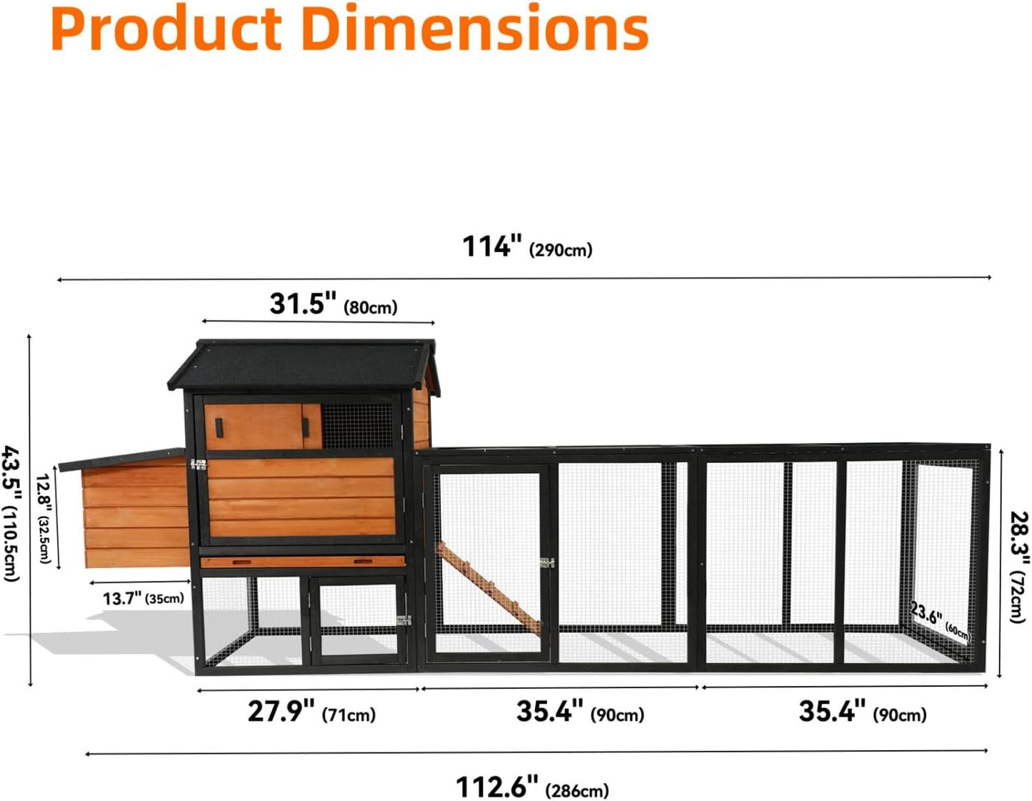 113" Brown+Black Wooden Chicken Coop Wood Brown+Black Fade-Resistant Roof for Backyard Durable Outdoor Poultry Cage