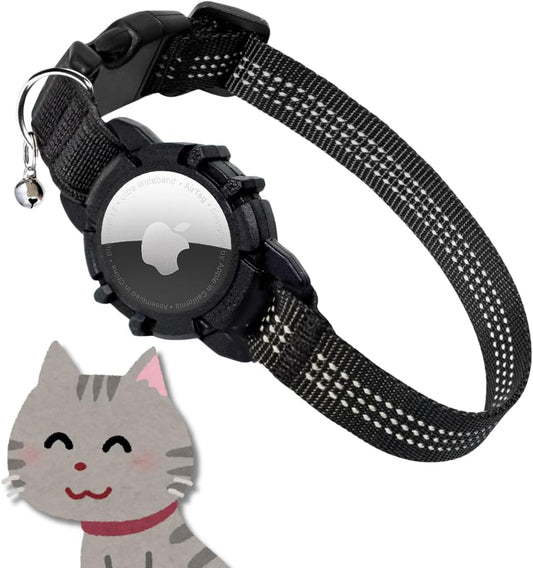 Reflective AirTag Pets Collar with GPS Tracker Holder, Bell and Safety Elastic Band for Cats and Dogs - Black