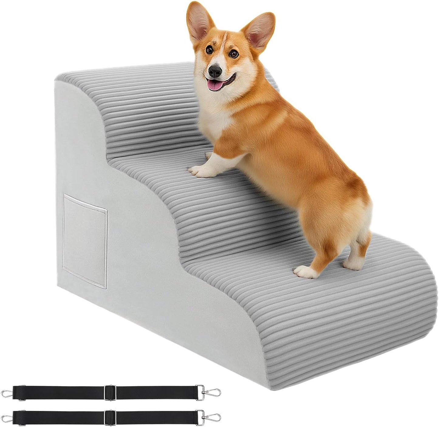 3-Step Dog Ramp and Stairs for Sofa and Chair - Anti-Tip Safety Strap,Non-Slip Sturdy Pet Steps for Small Dogs and Cats,15.7" H