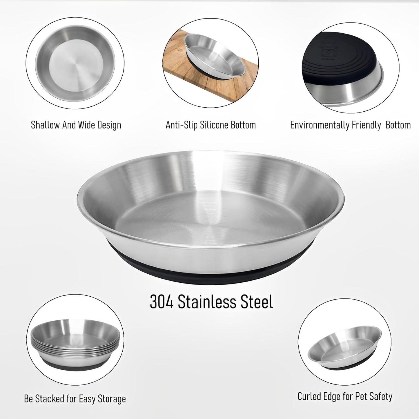 4 Pack Stainless Steel Whisker Friendly Shallow and Wide Cat Bowls for Food and Water, Non-Slip Silicone Cute Bottom for Small Dog Puppies Cats.