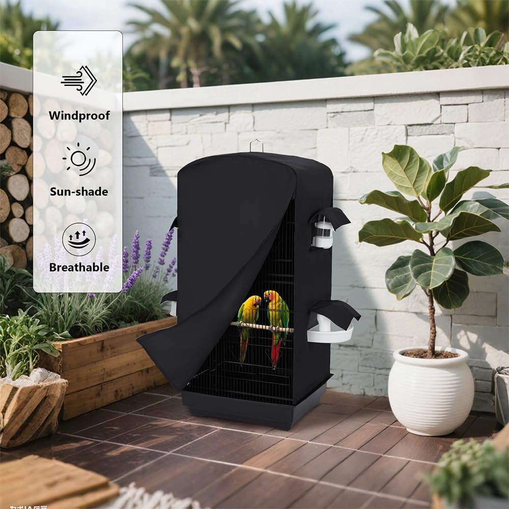 Bird Cage Cover for Night - Black Birdcage Cover with 4 Access Windows -Insulated Birdcage Cover with Dust Protection- Fits Parakeet, Cockatiel & Conure Medium Cages(17.7x13.4x32.3 inch)