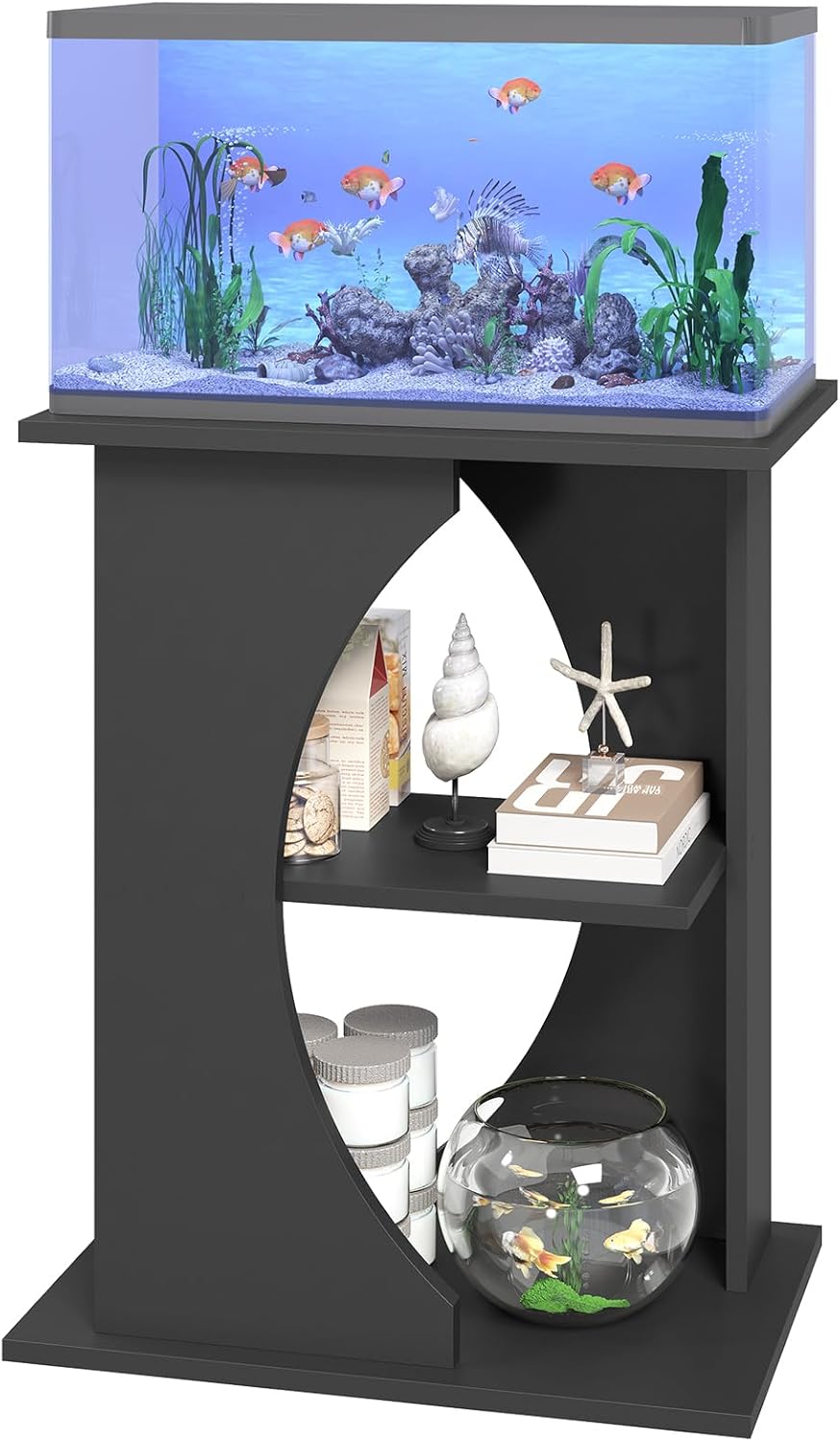 10 Gallon Fish Tank Stand, Wooden Aquarium Stand with 3-Tier Storage Shelves, Heavy Duty Turtle Reptile Terrarium Tank Stand for Home Office, 23.6" L x 11.8" W x 29.9" H, Black FTBK7601