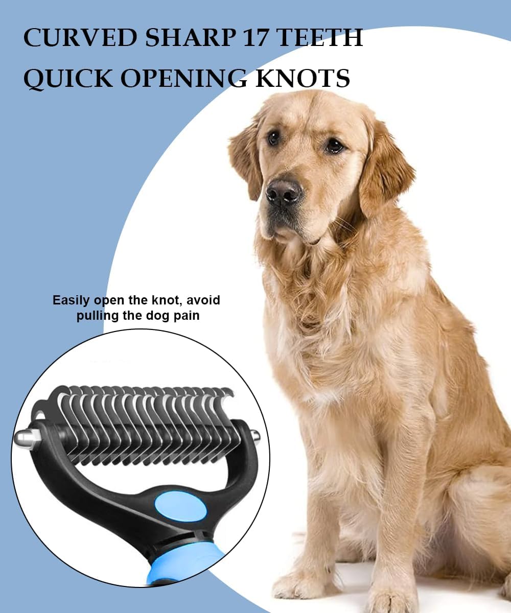 Professional Dog & Cat Grooming Kit - 2-in-1 Deshedding Brush & Dematting Comb for Long Haired Pets, Detangle Matted Fur, Reduce Shedding, Stainless Steel Tools