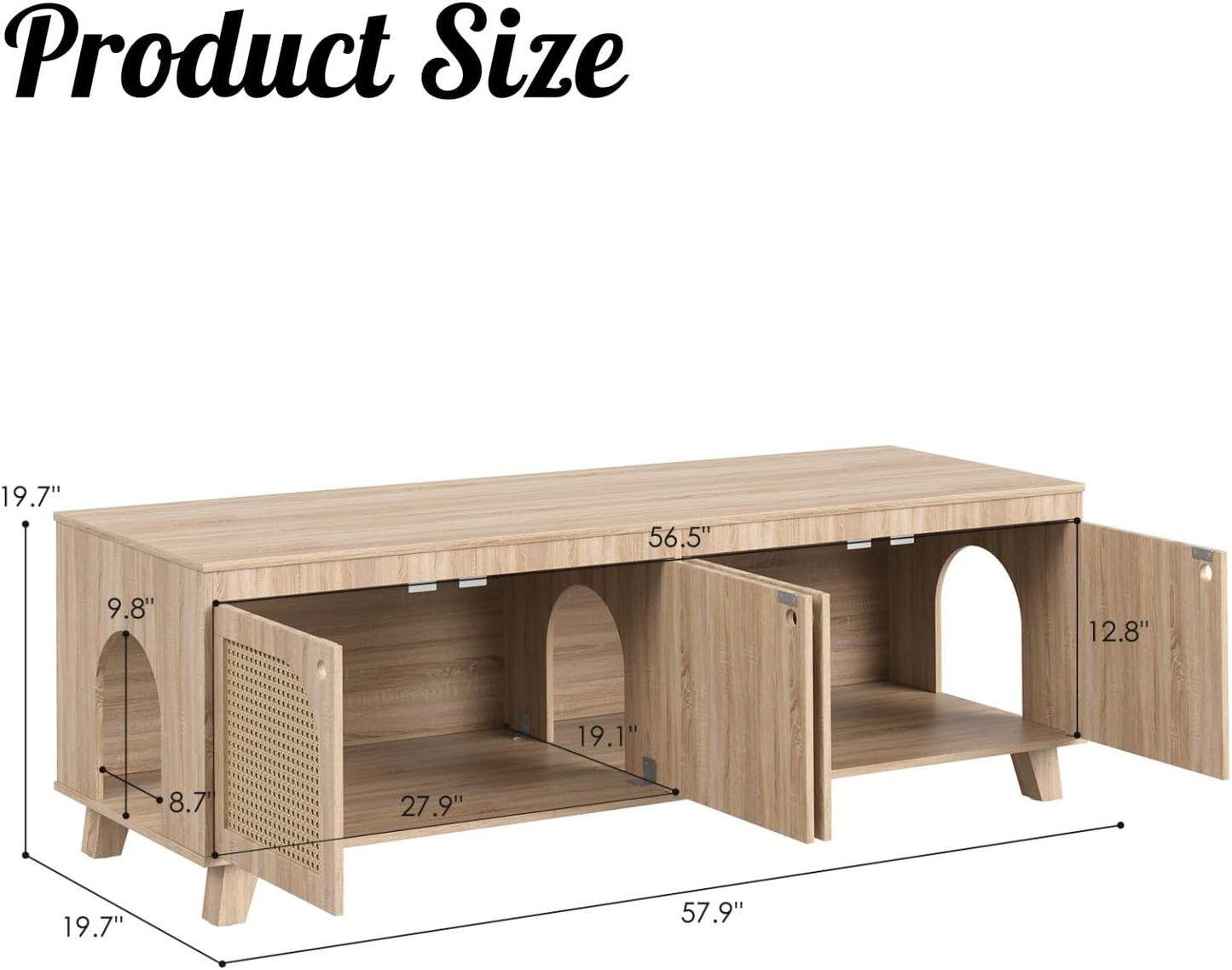 FONTOI Rattan Cat Litter Box Enclosure with Decorated Doors, Wooden Pet Washroom with Two Entrances, Double Hidden Litter House with Non-Slip Feet, Enclosure Furniture Cabinet for Two Cats