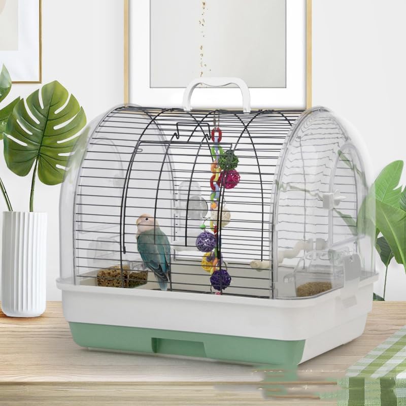 Portable Bird Cage Carrier, Travel Parrot Cage with 2 Perches, 2 Food Bowls and Tray, Metal Parakeet Cages for Small to Medium Sized Birds Cockatiels Lovebirds Canaries Budgies