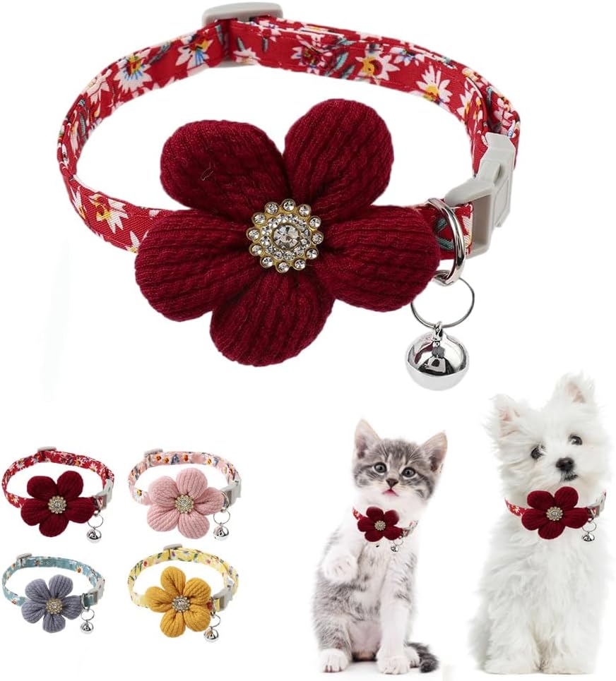 Red Flower XS Dog Collar Wth Bell, Dog Cat Collars Cute Puppy Collars Girls Adjustable for XXS Xs Small Pet Kitten Dogs Animal Litter Tiny