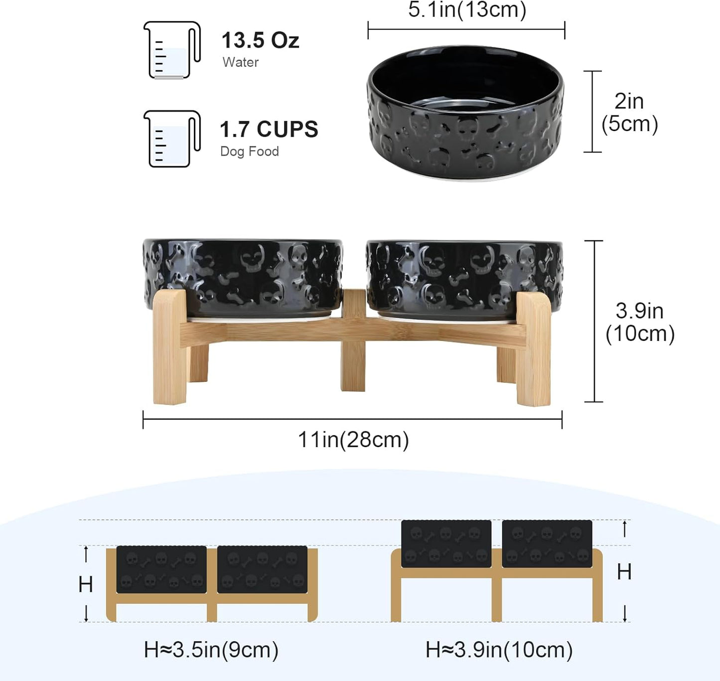 SPUNKYJUNKY Elevated Dog Bowls Ceramic, 5.1'' Dogs and Cat Food Water Bowls Raised with Non-Slip Bamboo Stand for Puppy Small Sized Breed Microwave Dishwasher Safe - 13.5 OZ,Skull Black