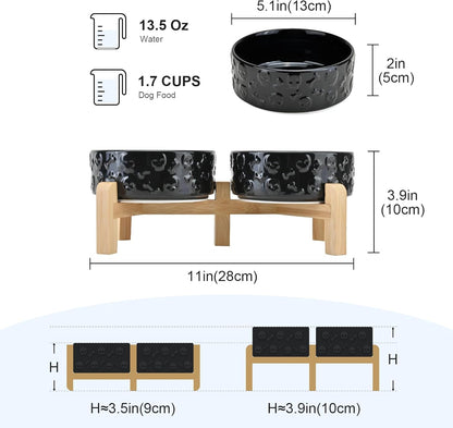 SPUNKYJUNKY Elevated Dog Bowls Ceramic, 5.1'' Dogs and Cat Food Water Bowls Raised with Non-Slip Bamboo Stand for Puppy Small Sized Breed Microwave Dishwasher Safe - 13.5 OZ,Skull Black