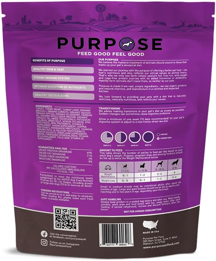 PURPOSE Freeze Dried Raw Dog Food, Grain Free Dry Dog Food, Complete Balanced Meal or Topper, Protein Rich Entree for All Breeds and Life Stages, Turkey & Veggie Recipe, 14 oz, USA Made
