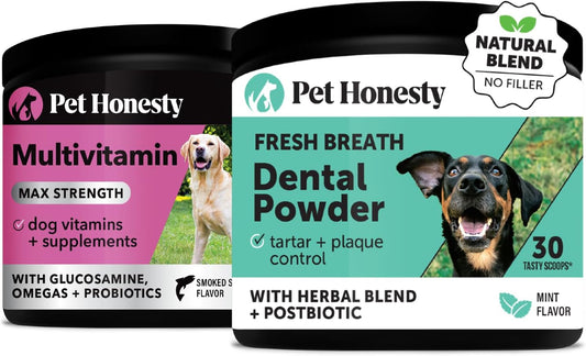 Dog Multivitamin Max Strength + Dental Powder for Teeth Cleaning & Plaque Removal, 15 in 1 Health Supplement for Skin, Coat, and Immune Support