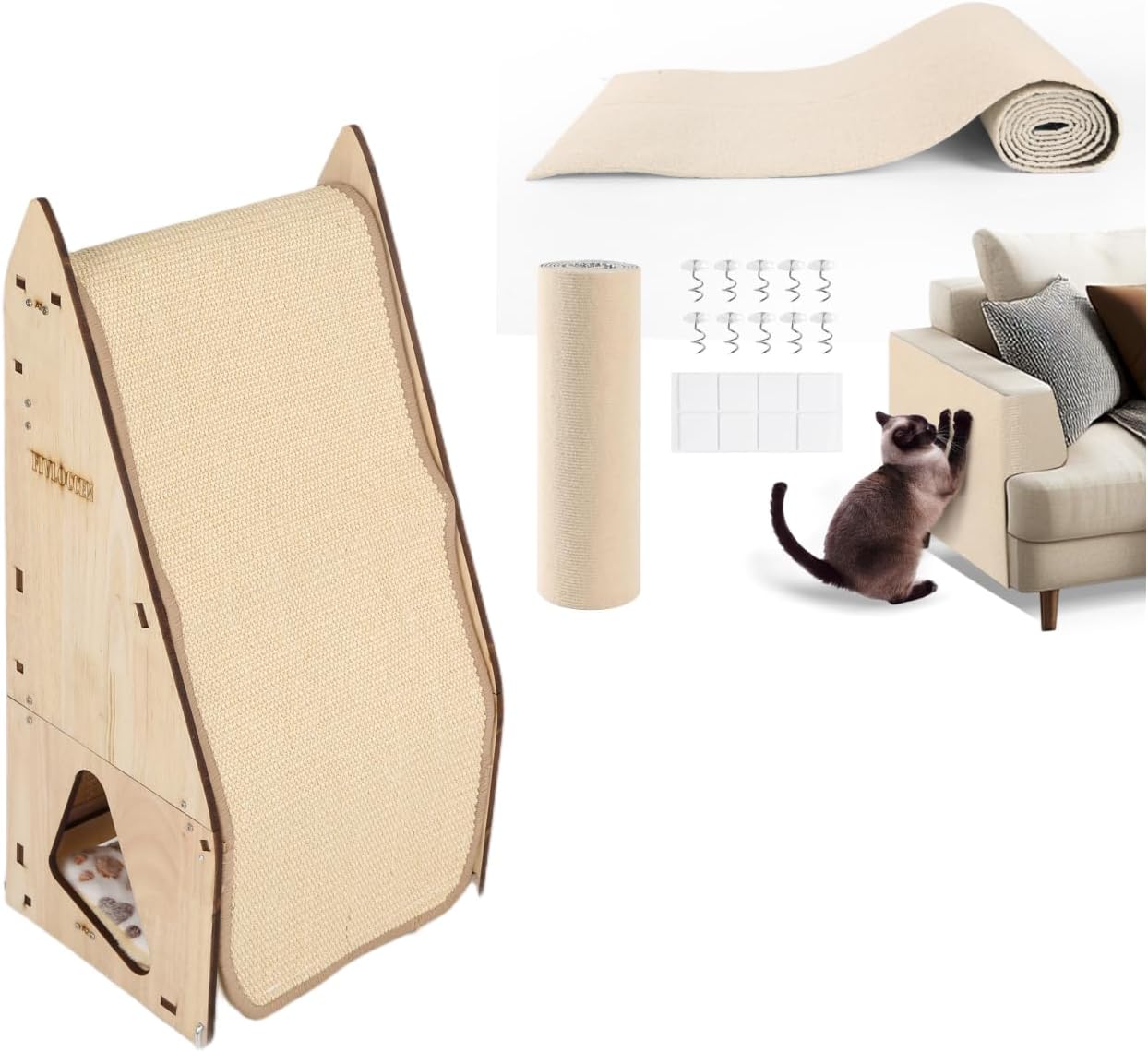 Cat Scratching Post Set: Enhanced Wood-Framed Cat Scratch Post (24in) + Cat Scratch Protector Pads (Beige)