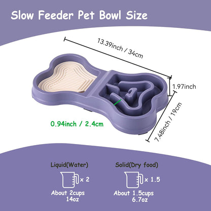 Bone Slow Feeder Bowl for Dogs Cats - 2-in-1 Lick Mat & Water Dish with 6 Non-Slip Pads, Food-Grade PP & Silicone Pet Bowl for Anti-Choking，Fun Feeding，Anxiety Relief (Purple)