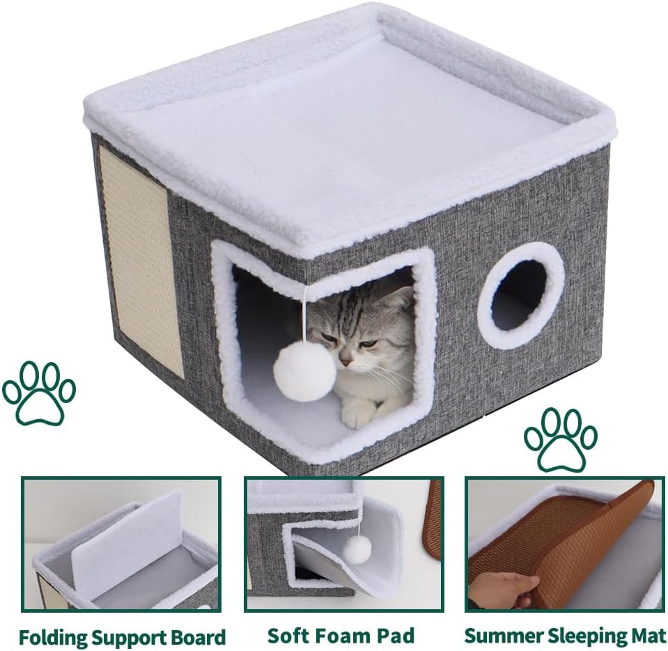 Beds for Indoor Cats,Large Cat Cave for Pet Cat House with Fluffy Ball Hanging and Scratch Pad,Side with Toy Storage Bag,Non-Slip Bottom