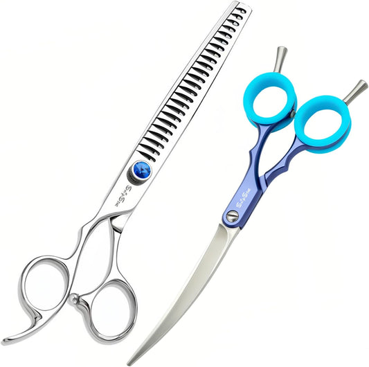 7.5in 24 Teeth Chunker & 6.75in Blue Curved Dog Grooming Scissors, 30 Degree Bend, Japan VG10 Steel Sharp Scissors for Dog Grooming, Professional Pet Thinning Shears for Dogs Cats on Face Paw