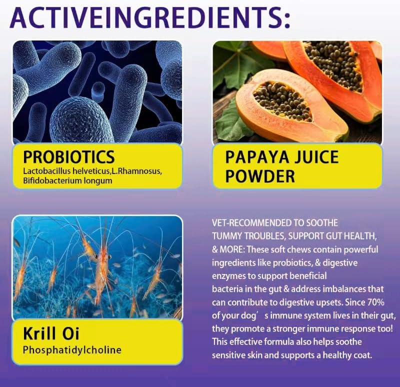 Dog Probiotics & Enzymes 200 Chews with Papaya | Pumpkin | Krill oi, for Dogs & Cats Gut Health | No Poop Odor | Constipation | Diarrhea | Relieve Anal Gland Relief | Digestive | Immune -Vet Approved