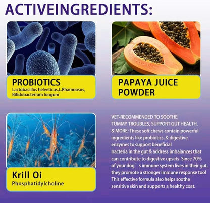 Dog Probiotics & Enzymes 200 Chews with Papaya | Pumpkin | Krill oi, for Dogs & Cats Gut Health | No Poop Odor | Constipation | Diarrhea | Relieve Anal Gland Relief | Digestive | Immune -Vet Approved