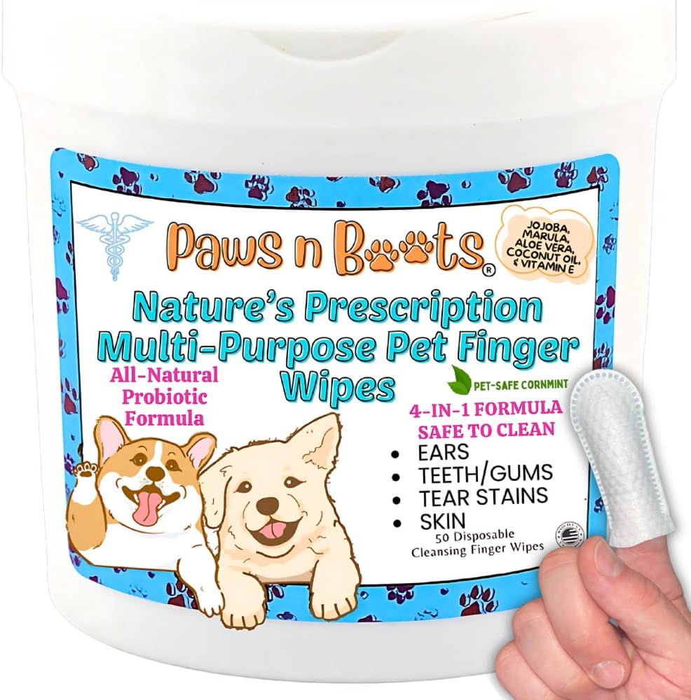 Pet Wipes - Multi-Purpose Finger Wipes to Cleanse Ears, Freshen Breath, Whiten Teeth, Soothe Skin and Tear Stain Removal. Pre-Formulated with 100% Natural, Plant-Based, Safe, & Beneficial Ingredients.