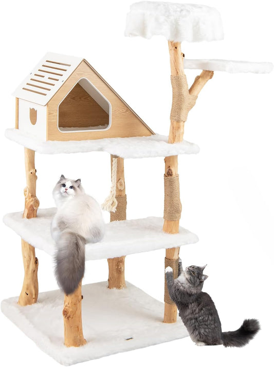 PETSITE 60 inch Solid Wood Cat Tree Tower, Multi-Level Wooden Cat Tower with Jute Scratching Posts, Cat Condo, Sisal Rope, Soft Long Plush, Modern Tall Cat Tree for Indoor Cats Large Adult