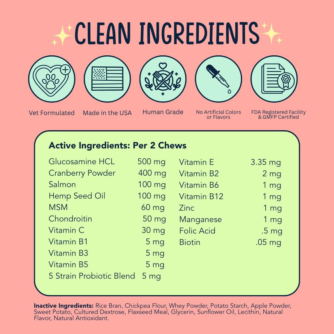 Dog Multivitamin Supplement - Glucosamine, MSM, Chondroitin for Joint Support, Gut Support with Probiotics, Skin and Coat with Omegas-3s - Bacon (120ct)