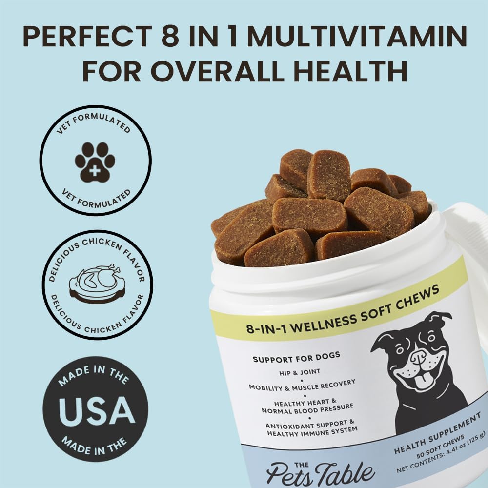 The Pets Table 8-in-1 Soft Chews Chicken Flavored All in One Supplement for Dogs - Dog Multivitamin Supports Mobility, Gut & Heart, 50 Chews