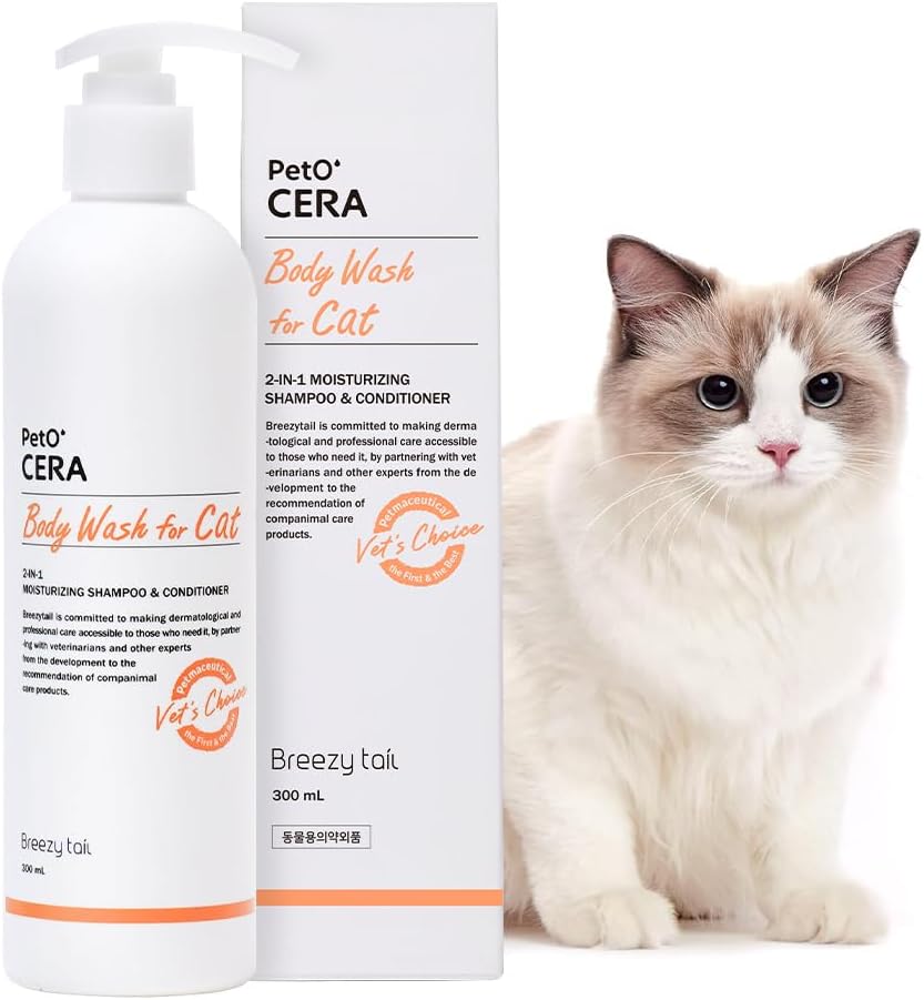Breezytail PetO’Cera All-in-One Cat Shampoo and Conditioner | Hypoallergenic Cat Skin & Coat Care | Itch Relief, Moisturizing & Rejuvenating | Veterinarian Approved and Formulated (10.1oz, 300ml)