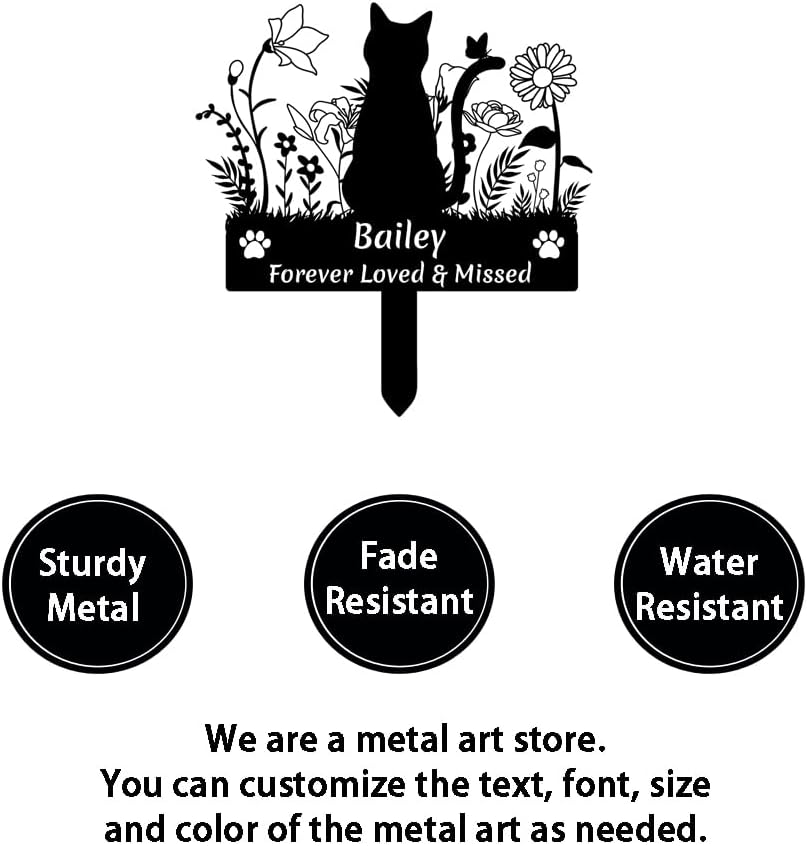 Custom Cat Name Memorial Grave Stake Marker, Personalized Floral Cat Memorial Grave Marker, Customized Flowers Butterfly Cat Memorial Stake Outdoor Metal Grave Plaque Cat Memorial Statue
