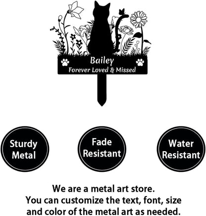 Custom Cat Name Memorial Grave Stake Marker, Personalized Floral Cat Memorial Grave Marker, Customized Flowers Butterfly Cat Memorial Stake Outdoor Metal Grave Plaque Cat Memorial Statue