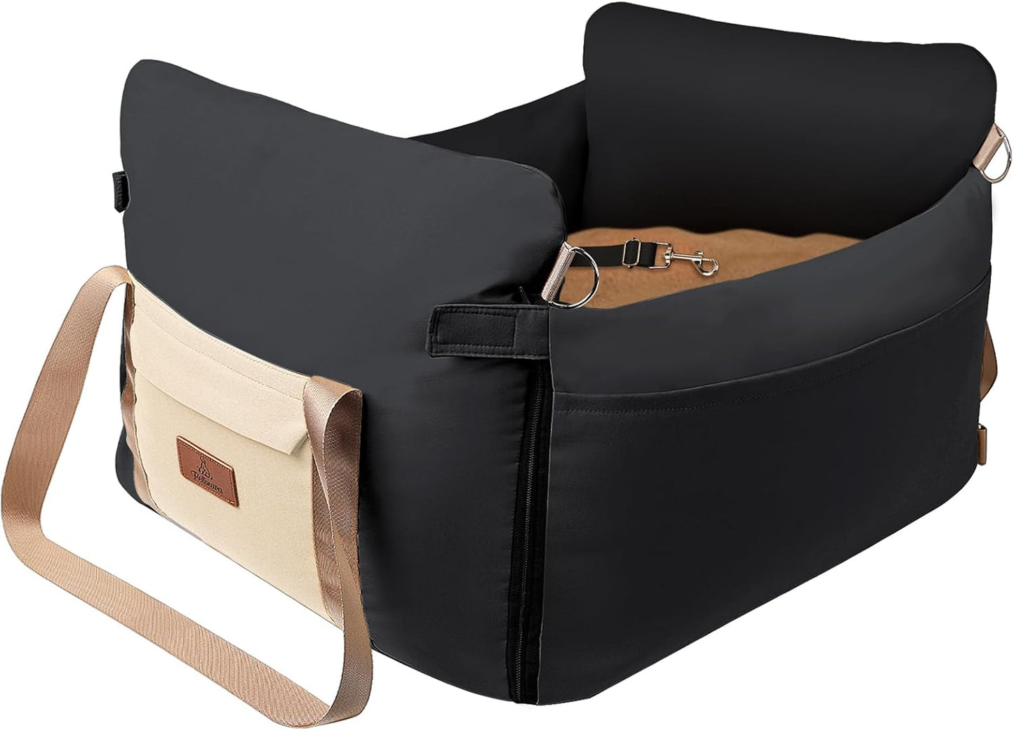 Small Dog Car Seat, Waterproof Pet Booster Seat for Car with Side Handles and a Storage Pocket, Clip-On Safety Leash and PP Cotton Filling, Vehicle Bed for Small to Medium Dogs up to 25lbs (Black)