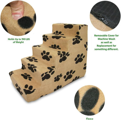 Best Pet Supplies Dog Stairs & Steps - Foam Steps for Small Dogs & Cats, Non-Slip Indoor Balanced Pet Step Support, Dog Ramp, No Assembly, Paw Print on Beige, 5-Step (22.5-inch Height)