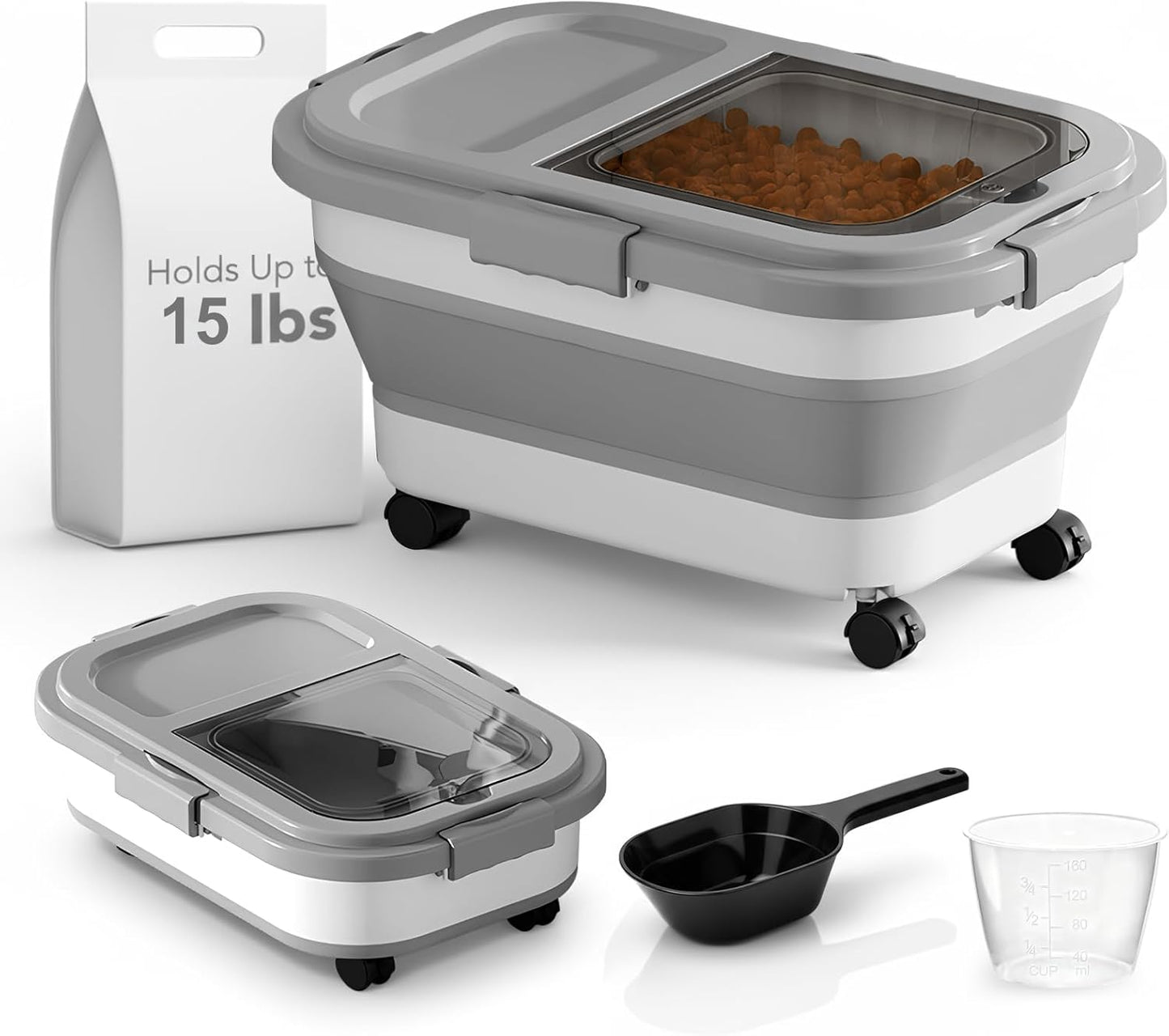 15 Lbs Dog/Cat Food Storage Container,Collapsible Food Storage Containers with Rolling Wheel Airtight Locking Lid,Pet Food Storage Container with Cup and Scoop,Grey