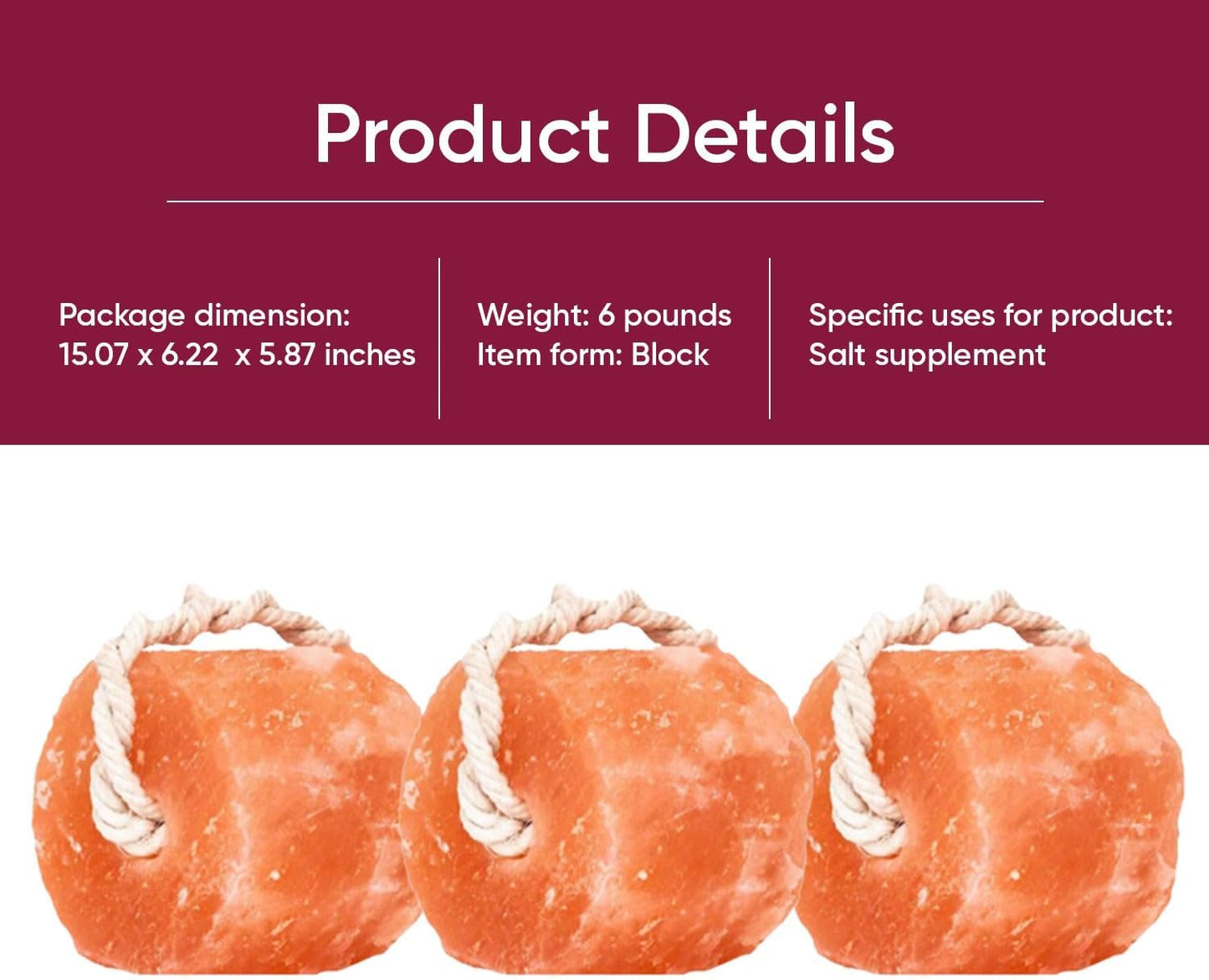 Himalayan Pink Salt Lick Pack of 3 (6lbs Each Block)- Mineral Salt Block on Rope 100% Organic Pink Salt Block for Horses Deer and Live Stock. Deer Attractant for Deer Hunting