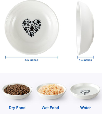 Ceramic Cat Food Bowl, Whisker Fatigue Cat Dishes for Food, Cute Ceramic Cats Bowl for Indoor Cats, 5.5" Flat Kitten Plates for Wet Food, Shallow Kitten Bowls Whisker Friendly