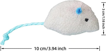 Plush Interactive Cat Toy Mouse Set, White and Brown Catnip Mice with Rope Tail, 3.94 Inch Length, Indoor Pet Entertainment Toys