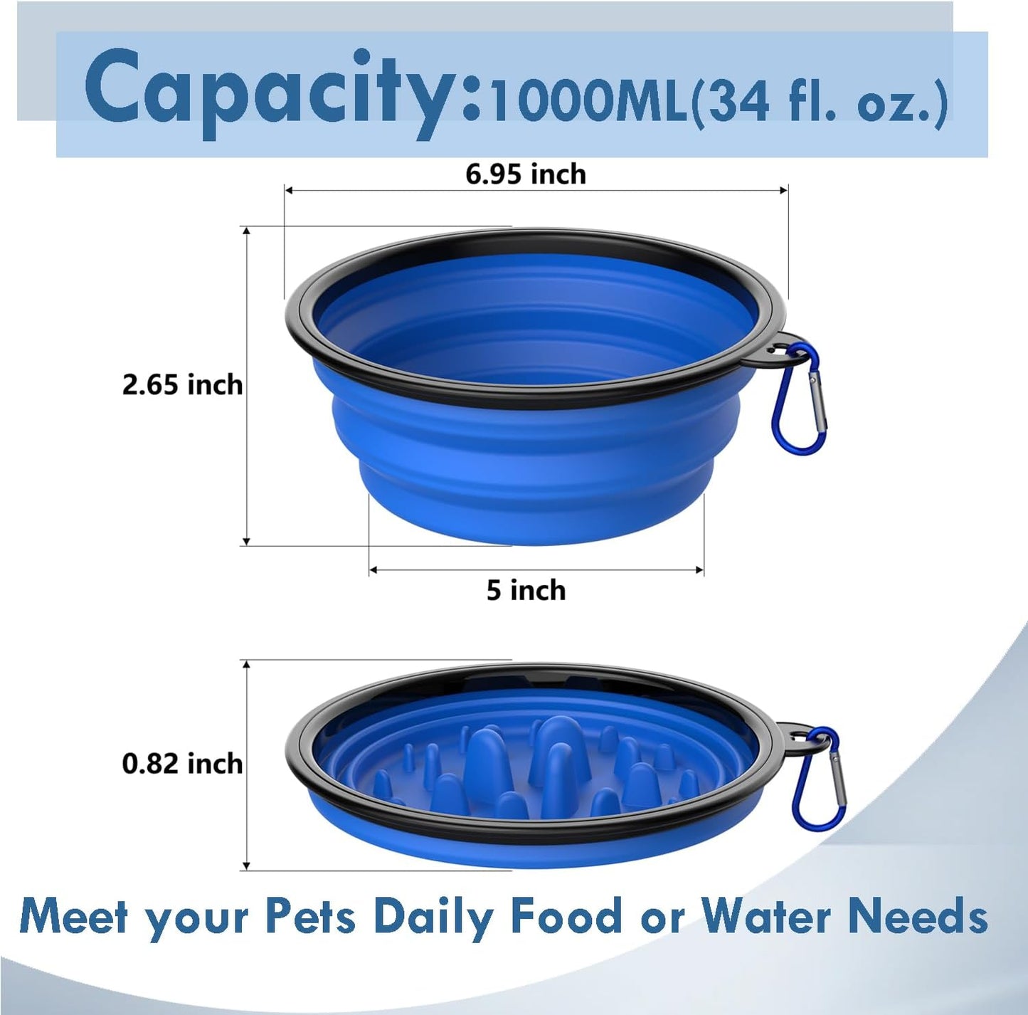 Takfox Collapsible Dog Bowls [2 Pack] 34 oz, Slow Feeder Bowl, Travel Dog Bowls Pet Portable Foldable Water Food Feeding Dishes with Carabiner Clip for Traveling Hiking Walking-Black & Blue