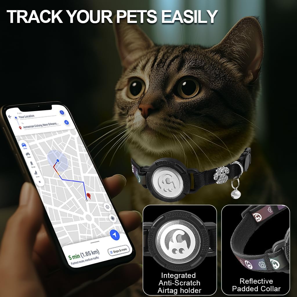 Airtag Cat Collar | Waterproof Cat Collars Airtag Holder - Breakaway Cat Airtag with Bells, Cute Diamond Paw, Reflective, Lightweight GPS Cat Collar for Girl Boy Cats, Kitten(Black, S(9.5"-13")