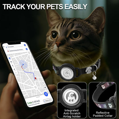 Airtag Cat Collar | Waterproof Cat Collars Airtag Holder - Breakaway Cat Airtag with Bells, Cute Diamond Paw, Reflective, Lightweight GPS Cat Collar for Girl Boy Cats, Kitten(Black, S(9.5"-13")