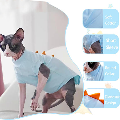 QBLEEV Sphynx Cat Clothes – Soft Cotton Dinosaur Shirt for Hairless Cats Only, Breathable Pet Daily Wear Apparel for Summer, Kitten Costume Pajamas for Indoor/Outdoor Use, XS-2XL