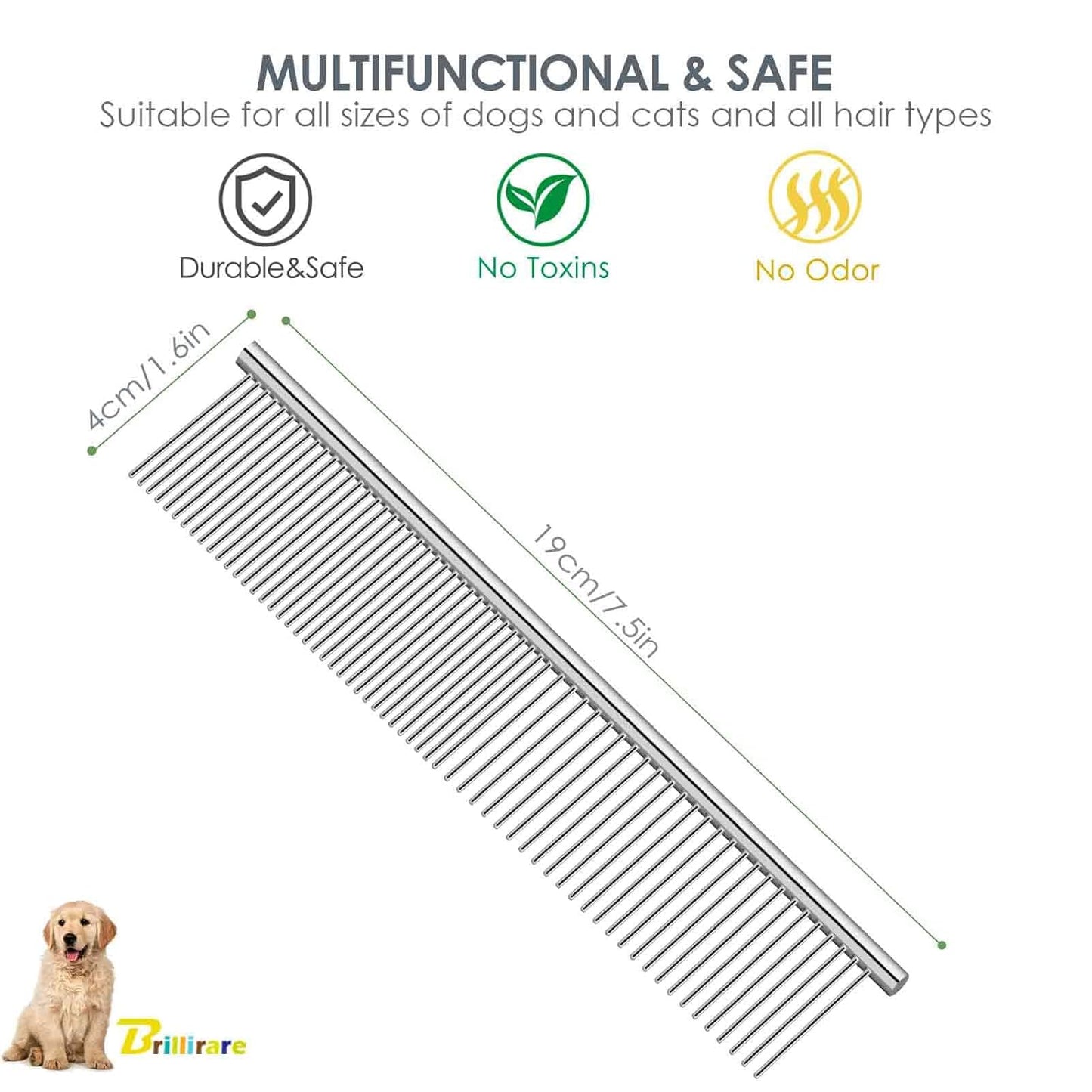Dog Grooming Comb Pet, Stainless Steel Cat Combs with Rounded Teeth, Professional Metal Tear Stain Remover, Dematting Tool for Small, Medium & Large Pets-7.5in