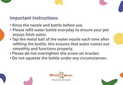 Choco Nose Patented No-Drip Dog Water Bottle/Feeder for Dogs/Cats and Other Small-Medium Sized Animals - for Cages, Crates or Wall Mount. 10.2 Oz. Mess Free Leak-Proof Nozzle 16mm, Blue (C590)