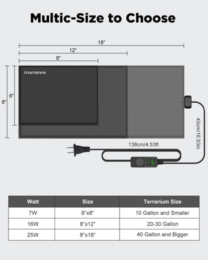 6 by 8-inch 7W Reptile Heating Pad Graphene with Temperature Control Reptile Tank Heat Pad Terrarium Under Tank Heater Mat for Snake Lizard Hermit Crab Reptiles Turtle Thermostat